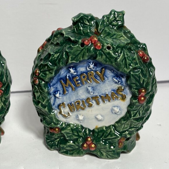 Santa Wreath Salt Pepper Shakers By Fitz And Floyd Omnibus Christmas Decor - Picture 6 of 12